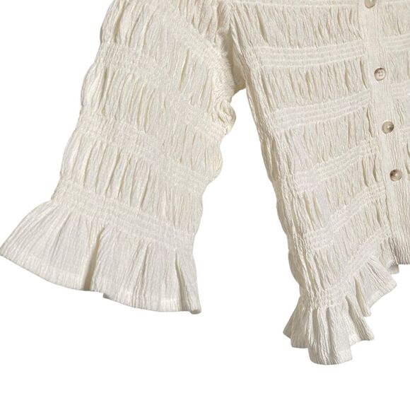 MAEVE Anthropologie Smocked Button Front Top XS Ivory Natural Cottagecore Chic - Picture 9 of 16